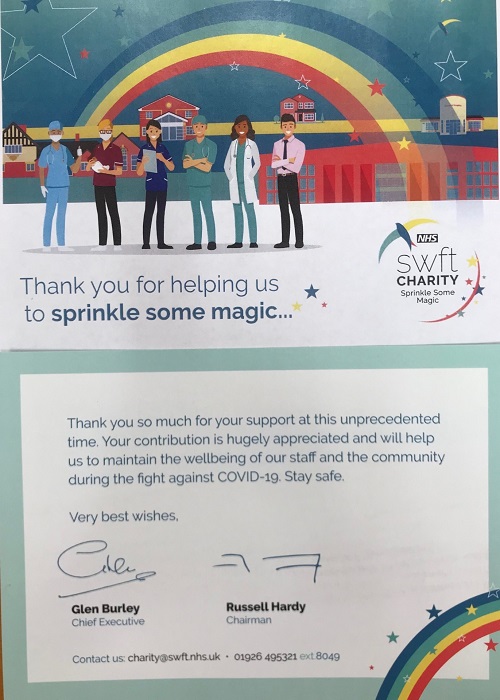 Charitable donation to COVID-19 NHS staff wellbeing fund