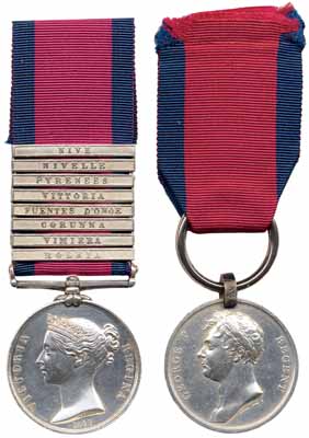 1815 Military General Service Medal 8 clasps and Waterloo Medal, wounded twice to 71st Foot
