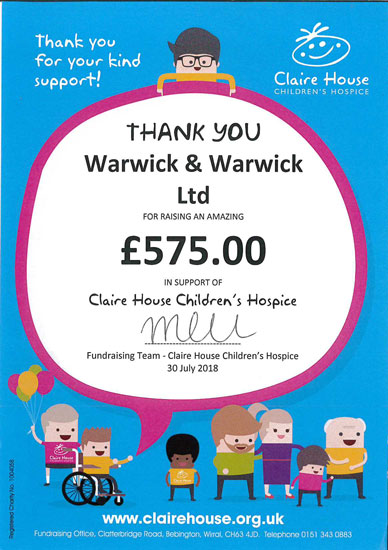 Warwick & Warwick Customers raise £975 for Charities.