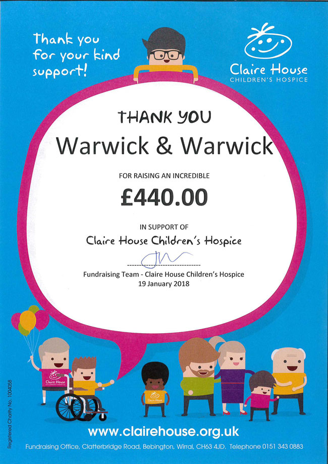 Warwick & Warwick Customers raise £440 for Children's Charity.