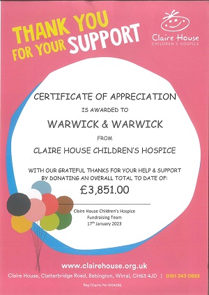 Charitable donation to Claire House Children's Hospice