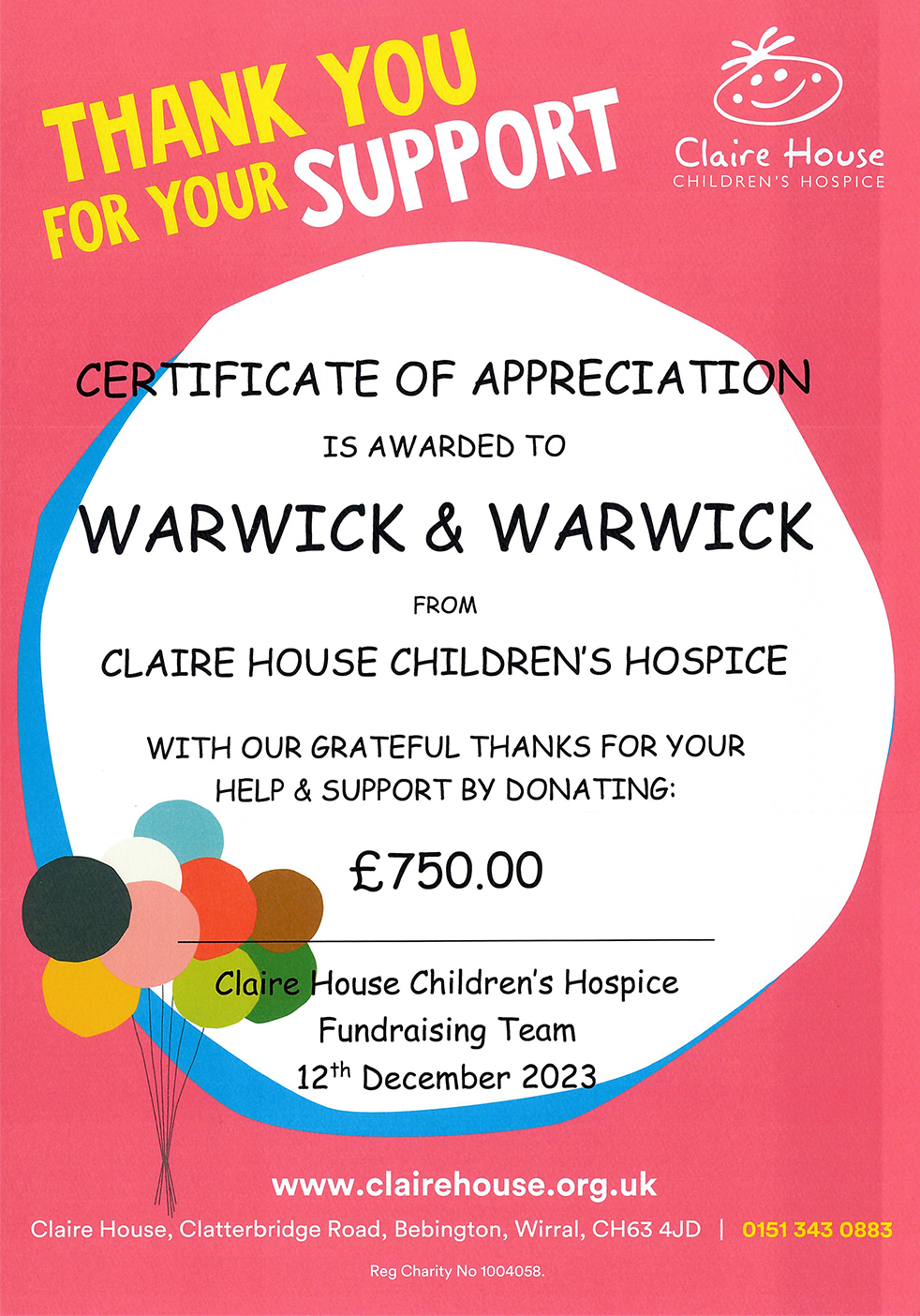 Christmas donation to Claire House Children’s Hospice