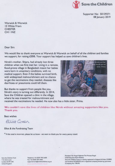 Charity donation to Save the Children and Acorns Childrenâ€™s Hospice