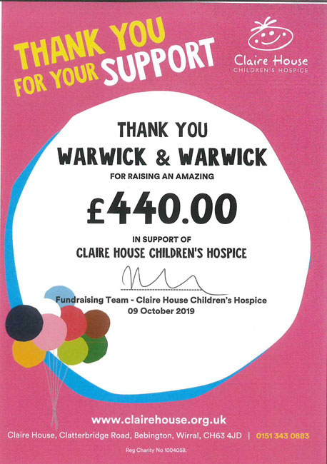 Charity donation to claire house childrens hospice