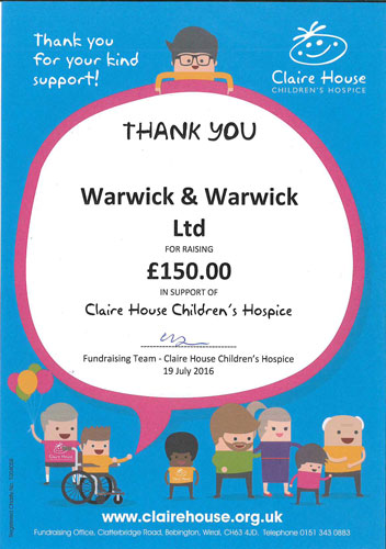 Warwick & Warwick Customers raise money for Childrenâ€™s Charity