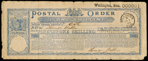 Rare first issue Postal Order to be sold in 21st October 2015 auction.